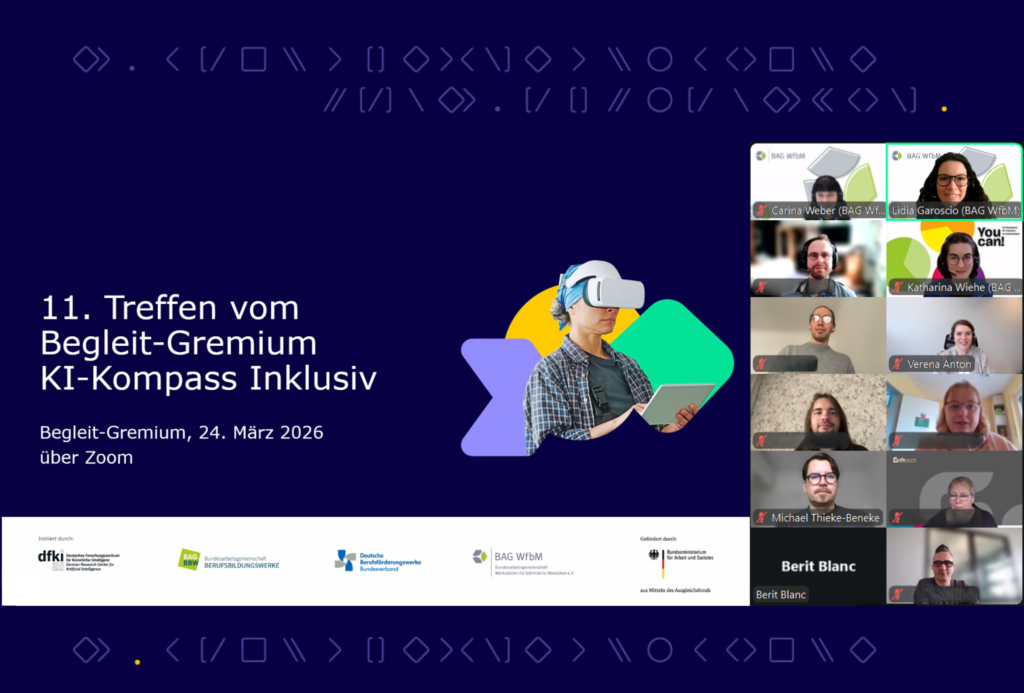 Bildschirmaufnahme der 11. Sitzung des Begleitgremiums zum Projekt "KI-Kompass Inklusiv". Rechts sieht man die Gremienmitglieder