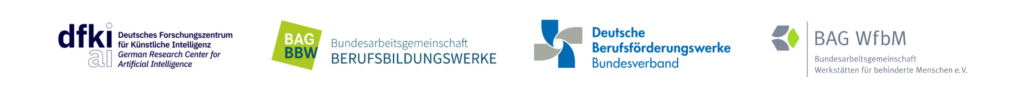 Logos der Projektpartner im Projekt KI-Kompass Inklusiv in einer Reihe von links nach rechts: Logo des Deutschen Forschungszentrums für Künstliche Intelligenz, Logo der Bundesarbeitsgemeinschaft der Berufsbildungswerke, Logo des Bundesverbands Deutscher Berufsförderungswerke und Logo der Bundesarbeitsgemeinschaft Werkstätten für behinderte Menschen.