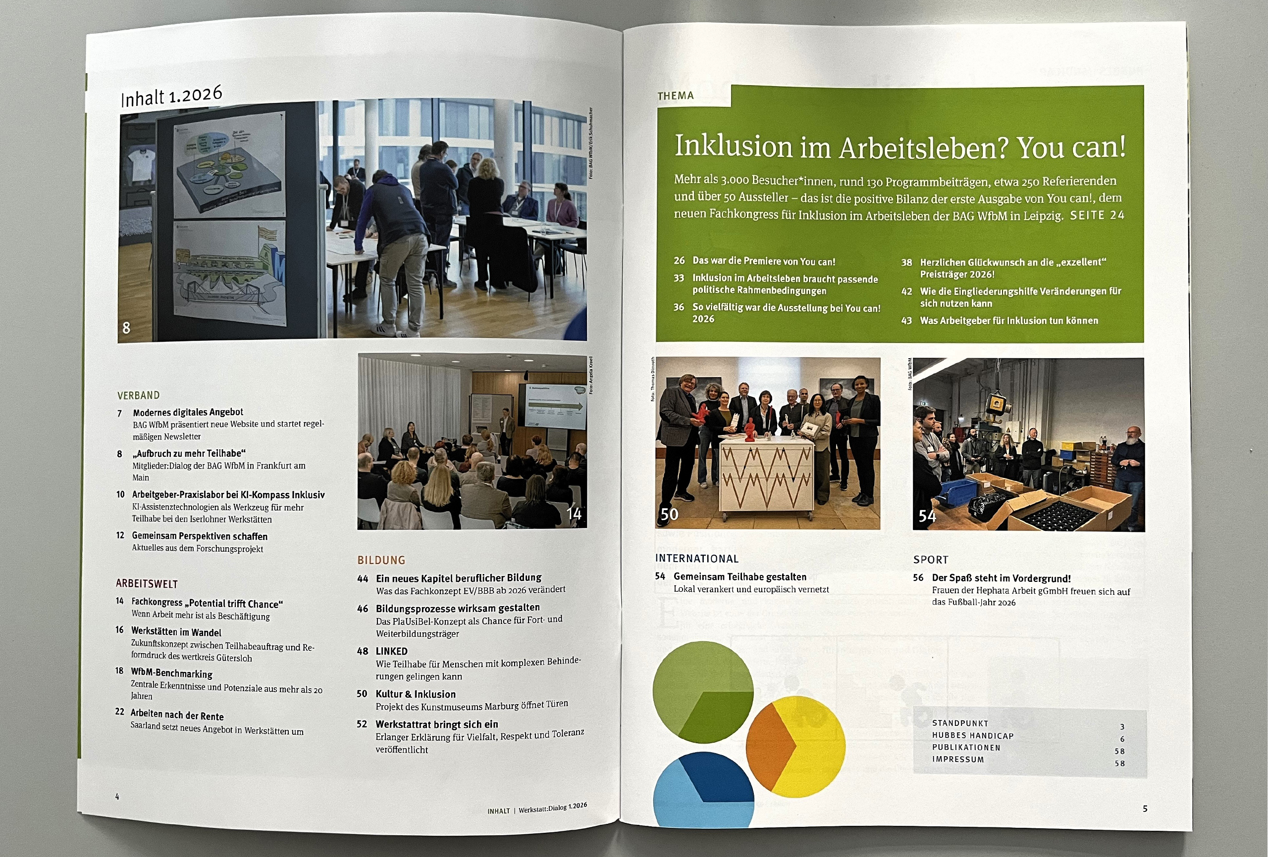 Das Foto zeigt das Inhaltsverzeichnis des Magazins Werkstatt:Dialog, Ausgabe 1.2026. Das Inhaltsverzeichnis listet Überschriften mit Angabe von Seiten in den Themenblöcken Verband, Arbeitswelt, Bildung, International und Sport auf. Zusätzlich sind mehrere Bilder abgebildet. Oben rechts ist ein großes grünes Textfeld. Darin steht Inklusion im Arbeitsleben? You can!
